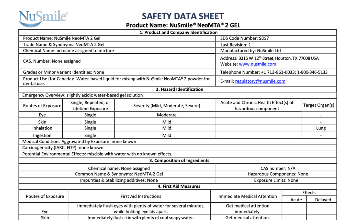 NuSmile NeoMTA 2 Safety Data Sheet - Gel