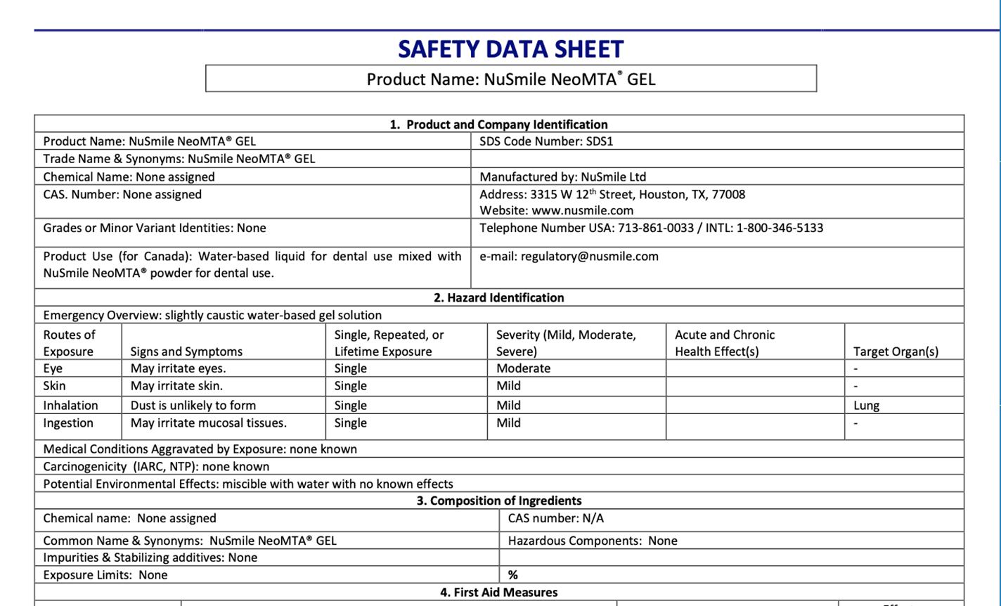 NuSmile NeoMTA Safety Data Sheet - Gel